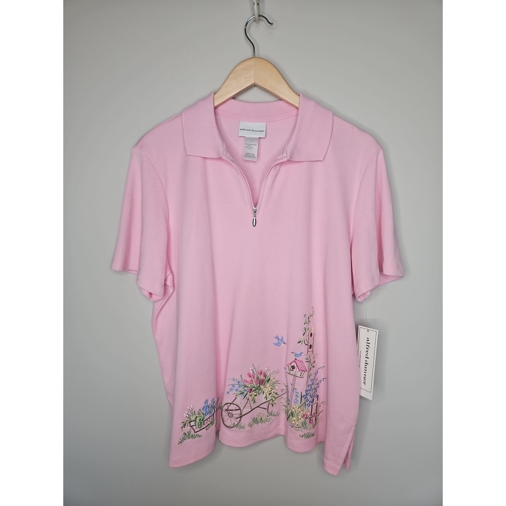 Alfred Dunner Polo Shirt L Petal Pink CottageCore Granniecore Garden Floral Bird